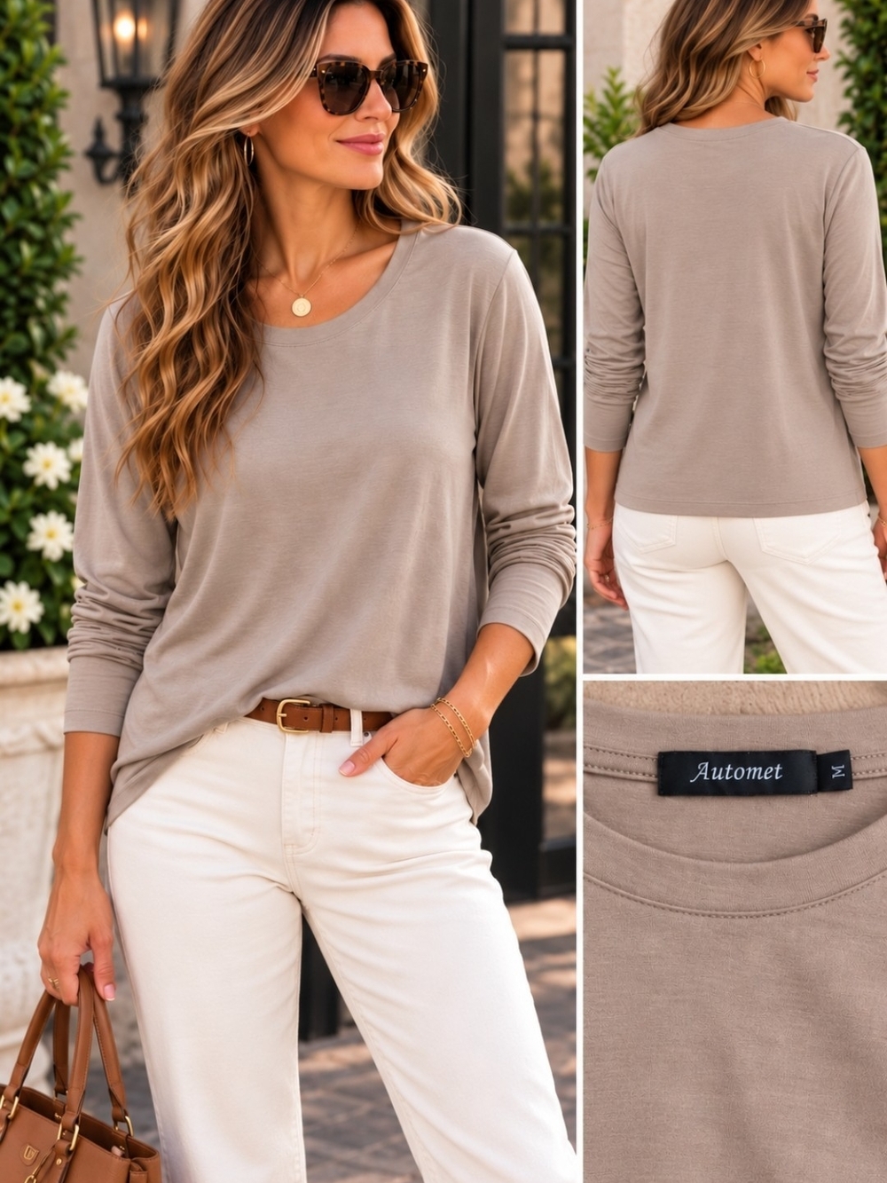 Taupe Long Sleeve Top M | Neutral Minimalist Stretch Tee | Elevated Basic Crew
